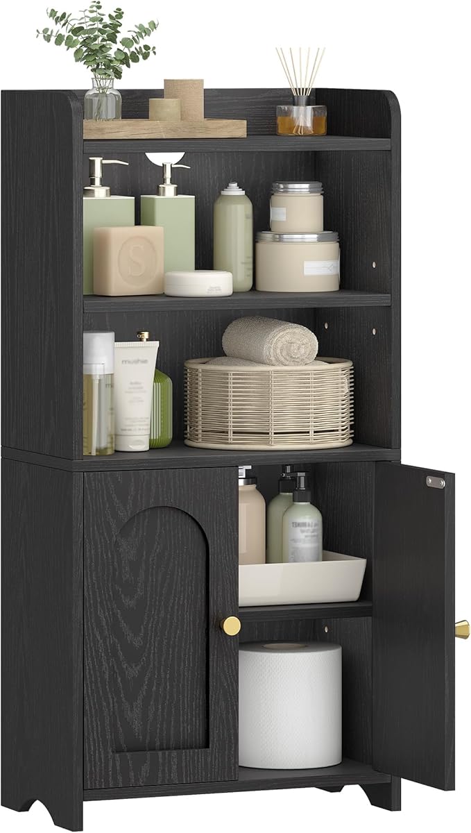 Small Bathroom Storage Cabinet, Bathroom Organizers and Storage with 2 Doors and Shelves, Floor Cabinet Freestanding with Adjustable Shelf for Small Spaces, Black 7.9" D x 14.6" W x 29.6" H