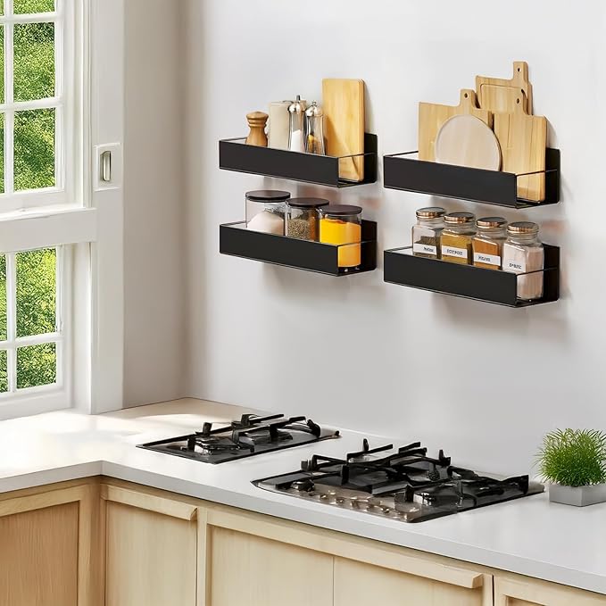 Spice Rack Wall Mount: 4 Packs Oversize Pantry Organization And Storage Rack Without Drilling - 11.8 Inch Black Large Adhesive Hanging Kitchen Spice Racks for Smooth Wall - Seasoning Rack
