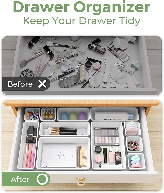 25 PCS Plastic Drawer Organizers Set, 4-Sizes Vanity and Makeup Organizer, Desk and bathroom Drawer Organizer Trays, Organizers and Storage for Makeup, Jewelry, Gadgets, Utensils (White)