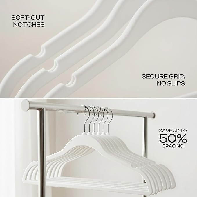 Utopia Home Velvet Hangers 50 Pack – Luxury Non-Slip Slim Suit & Coat Hangers, Strong Space-Saving Clothes Hangers with Pants Bar and 360° Swivel Hook – White