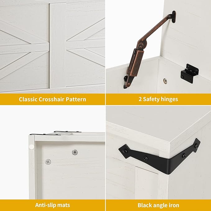 DWVO Storage Bench, 47.2" Farmhouse Storage Chest with 2 Safety Hinges, Wooden Utility Organizer, Shoe Bench for Entryway, Bedroom, Living Room, White and Walnut
