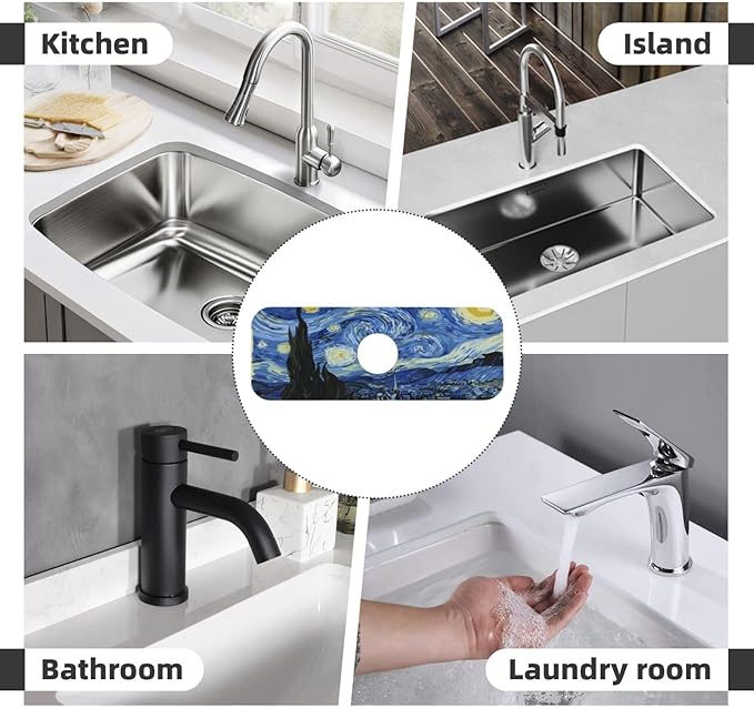 The Starry Night Kitchen Sink Splash Guard Faucet Mat Super Absorbent Fast Drying Mat Sink Gadgets-Fast Drying Pad Sink Mat For Kitchen Bathroom (15" X 5.5" )