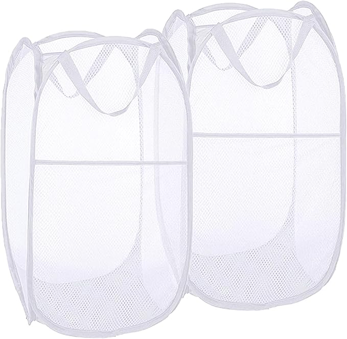 Pack of 2 Pop Up Laundry Hampers, Collapsible Mesh Laundry Baskets, Foldable Clothes Hampers for Bathroom, College Dorm, Travel (White)