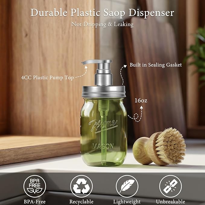 Amolliar Plastic Mason Jar Soap Dispenser with Pump Lid,16OZ Refillable BPA-Free Hand Soap Dispenser Set with Cute Lables, Farmhouse Decor for Kitchen/Bathroom, Liquid Dish Soap, Lotion(2 Pack, Green)