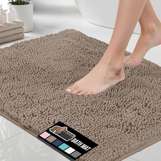 GORILLA GRIP Bath Rug Mat 48x24, Thick Absorbent Chenille, Quick Dry Microfiber Mats, Rubber Backing Washable Shower Floor Rugs, Bathmat Runner, US Designed Bathroom Home Decor Accessories Gray Beige