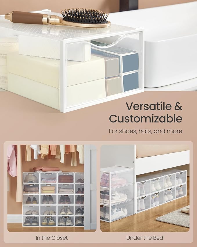 SONGMICS Shoe Boxes, Shoe Storage Organizers Rack for Closet, Plastic Stackable Sneaker Containers Case, 18 Pack, Transparent and Cloud White ULSP318W01