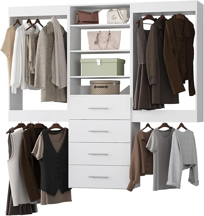 Modular Closet System, 78" Wide Closet Organizer System with Hanging and Drawers, Wood Tower Closet Storage for Walk In Closets, Wall Mounted Wardrobe Organizer Kit System, Bedroom, White