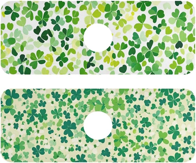 Bright Green Clover St. Patrick Kitchen Sink Splash Guard Sink Faucet Mat Faucet Handle Drip Catcher Drain Mats for Kitchen Bathroom Countertop Absorbent Dish Dry