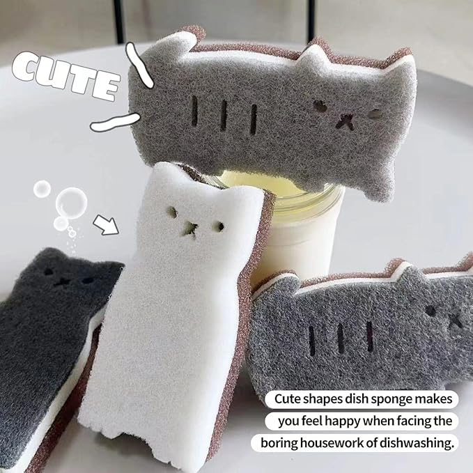 Kitchen Sponges Reusable, Cat Shape Dish Sponge for Washing Dishes, Non Scratch Sponges for Cleaning Dishwashing, Household Scrub Sponge Heavy Duty,4pack