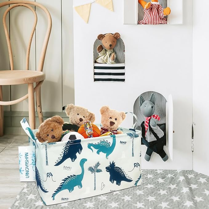 LANGYASHAN Rectangular Storage Bin Collapse Canvas Fabric Cartoon Storage Basket with Handles for Organizing Home Kitchen Boys and Girls Toys Office Closet Shelf Baskets (Rec green dinosaur)