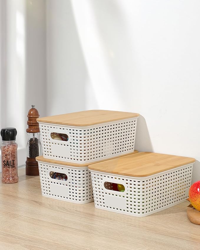 Storage Bins with Bamboo Lids, 6 Pack Plastic Storage Baskets and Storage Containers, Storage Baskets for Organizing Shelves Drawers Desktop Closet Playroom Classroom Office Home, Black