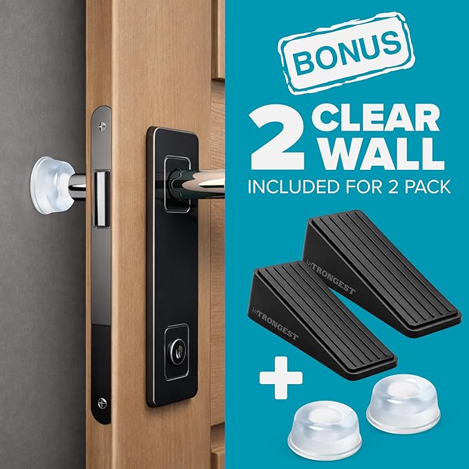 Strongest Home Heavy Duty Door Stopper Wedge (2 Black PCs) | Non-Slip Rubber and Metal Door Stop for Heavy Doors| Work on Wood, Tile, Carpet + 2 White Wall Protectors