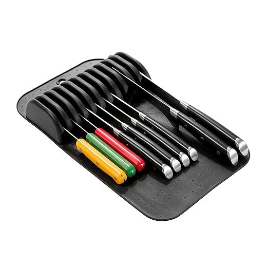 madesmart Large Knife Mat, Soft-Grip In Drawer Knife Organizer for 12 Knives, Non-Slip Kitchen Drawer Storage, Space Saving Knife Block Alternative, Carbon