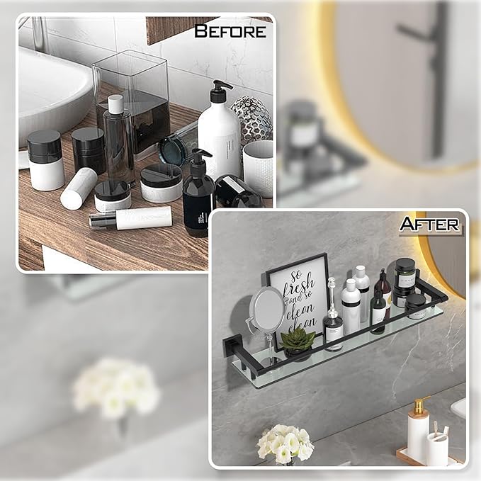 SFGSOWOR Glass Shelf for Bathroom Wall Sheves 24 inch Rectangular Stainless Steel Tempered Glass Modern Stainless Steel Wall Mount Accessories Organizers Storage (Matte Black)