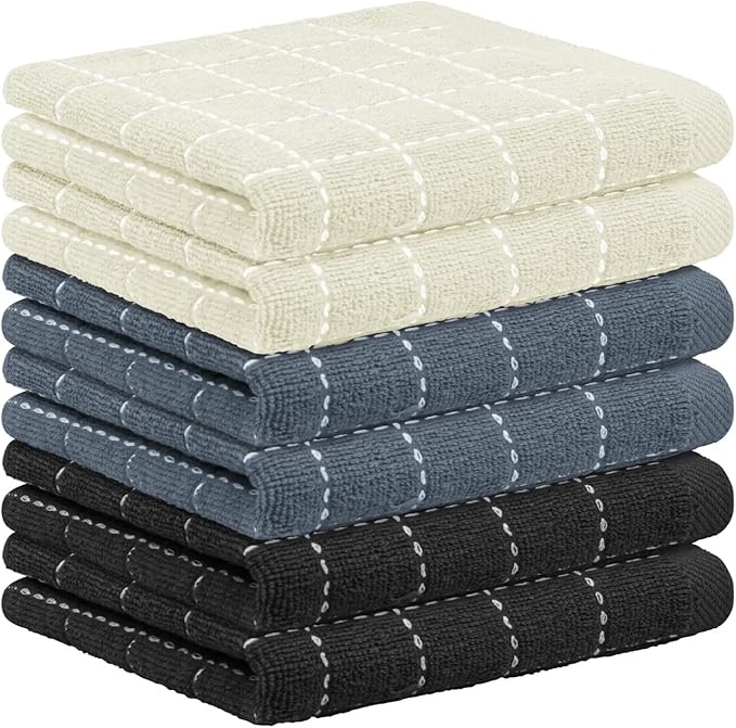 Nialnant 6 Pack Dish Cloths for Washing Dishes, 100% Cotton Reusable Cleaning Rag,Ultra Soft Absorbent, Quick Drying Dish Towels for Kitchen,12x12 Inches Beige+Grey+Black
