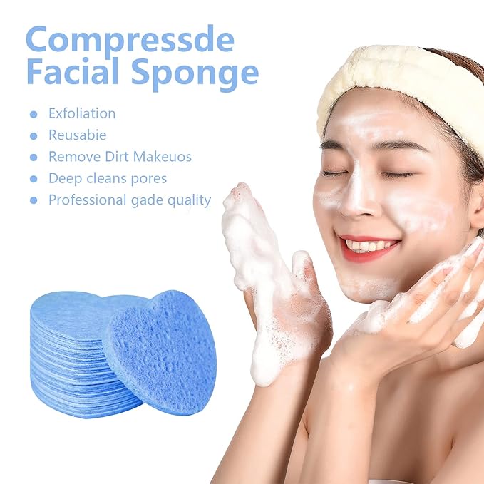 100-Count Compressed Facial Sponges for Estheticians Heart Shape Natural Cellulose Sponge Professional Cosmetic Spa Sponges for Face Cleansing, Massage, Pore Exfoliating, Mask, Makeup Removal, Blue