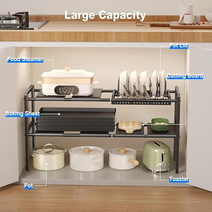 Pots and Pans Organizer Under Cabinet, Expandable 2 Tier Under Sink Organizers and Storage Adjustable Height Kitchen Pot and Pan Lid Holder Rack with 6 Dividers(6panels,1 Pot rack, Black)