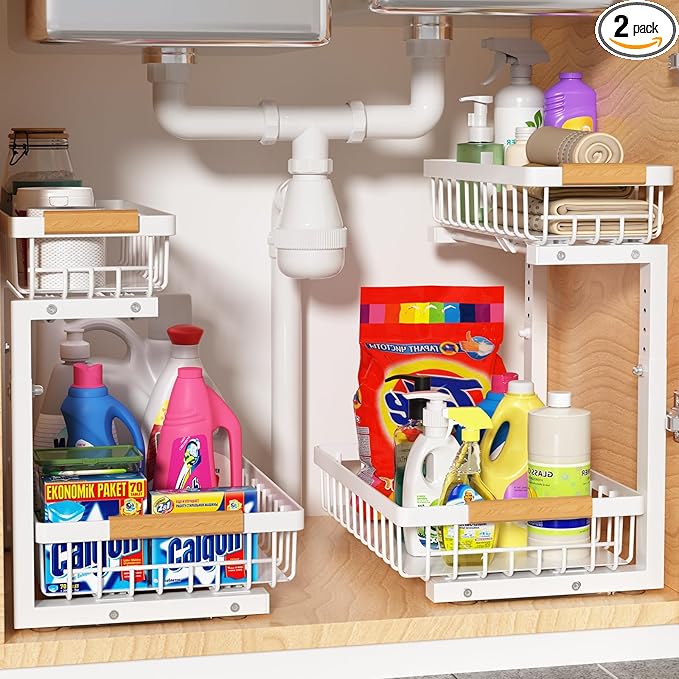 Under Sink Organizer 2 Pack, 2 Tier Slide Out Large Capacity Height Adjustable Under Sink Organizers and Storage for Kitchen Bathroom Cabinet, White