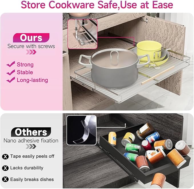LOCVCDA Pull Out Shelves for Kitchen Cabinet, 17.1~28" W x 22.5" D Expandable Slide Out Drawers for Kitchen Organizers and Storage, Pull Out Cabinet Organizer, Stainless Steel, 2Pack