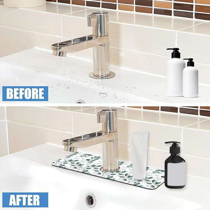 Sink Faucet Absorbing Mat Green Eucalyptus Leaf Sink Splash Guard Drying Mat for Kitchen Bathroom Faucet Sinkmat 15.5"X5.5"