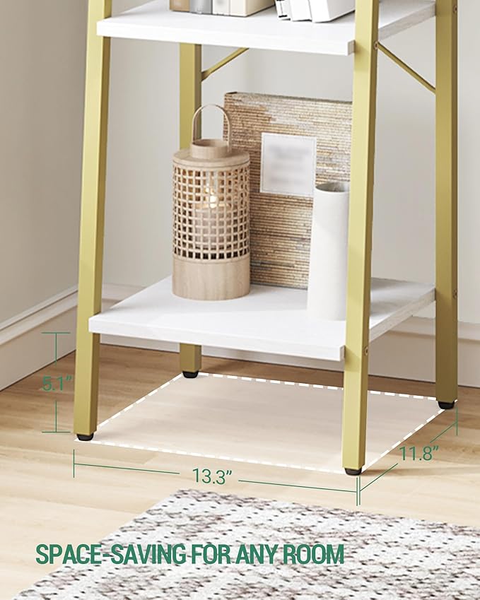 Ladder Shelf, Bookshelf Bookcase, Freestanding Corner Storage Shelve with 2 Hooks for Home Office, Living Room, Kitchen, Bedroom, Industrial, 11.8" D x 13.4" W x 72.8" H,White Gold BC13313G