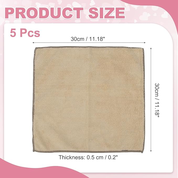 uxcell 5 Pcs Microfiber Cleaning Cloth, Kitchen Towels Reusable Microfiber Towels Highly Absorbent for Household Cleaning Supplies, Kitchen, Bathroom, Khaki(Square), 11.8" X11.8