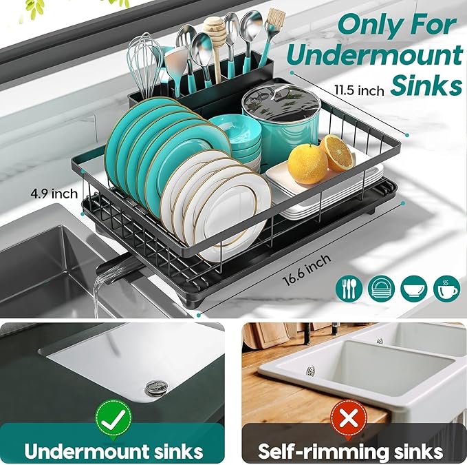 MERRYBOX Dish Drying Rack Space-Saving Dish Racks for Kitchen Counter, Rustproof Drying Rack Kitchen with Large Utensil Holder and Increased Feet, 16.5" D x 11.4" W x 5.65" H, Black