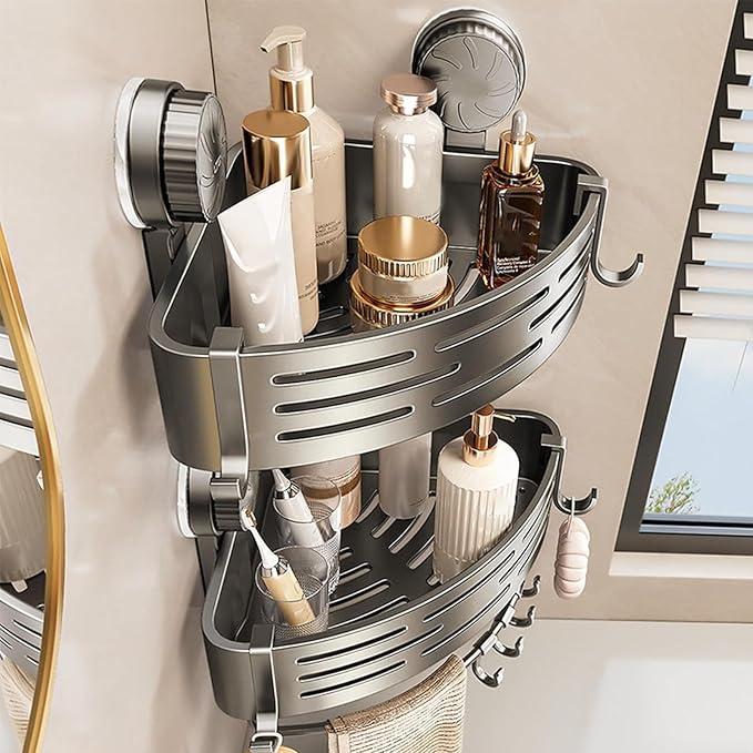 Triangle Suction Cup Shower Caddy, No-Drill Bathroom Corner Shelf, 2-Tier Bathroom Organizer with Hooks & Towel Bar, Rust-Resistant, Heavy Duty Shower Corner Rack for Smooth Surfaces (Normal*2)