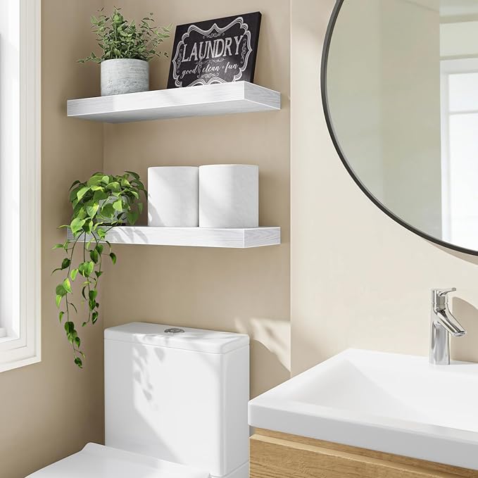 Fixwal Floating Shelves for Wall, 15.7" Wood Wall Mounted Shelves for Living Room, Bedroom, Bathroom and Kitchen, for Storage, Books, Room Decor (White, Set of 2)