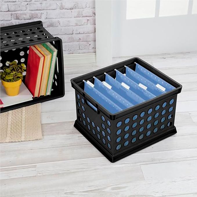 Sterilite Stackable Plastic Storage Crate Bin Organizer File Box with Handles for Home, Office, Dorm, Garage, or Utility Organization, Black, 12-Pack