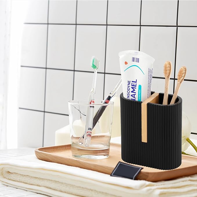 rejomiik Matte Black Toothbrush Holders Electric Toothbrush Holder for Bathrooms, Bamboo Tooth Brushing and Toothpaste Storage Organizer for Sink, Countertop