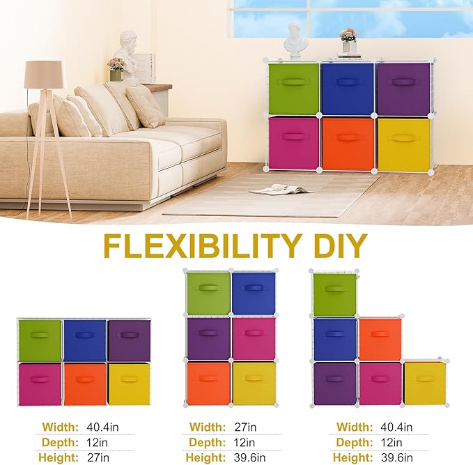 Leinuosen 6 Cube Storage Organizer with Fabric Bins, Wire Grid Stackable Shelves, Drawer Closet Organizer, Modular Storage Units for Bedroom Living Room Office Clothes Toys Crafts(White,Colorful)