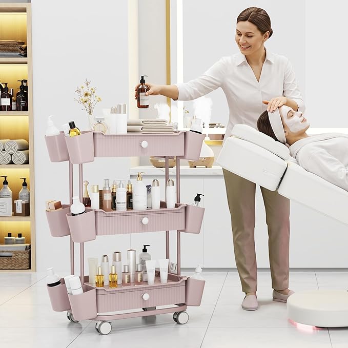 3 Tier Drawer Shelf Beauty Cart with 12 Movable Storage Organizer, Thickened Durable ABS, 360° Wheels for Salon Station for Hair Stylist, Beauty Salon, Spa Massage Parlor, Makeup Organizer - Pink
