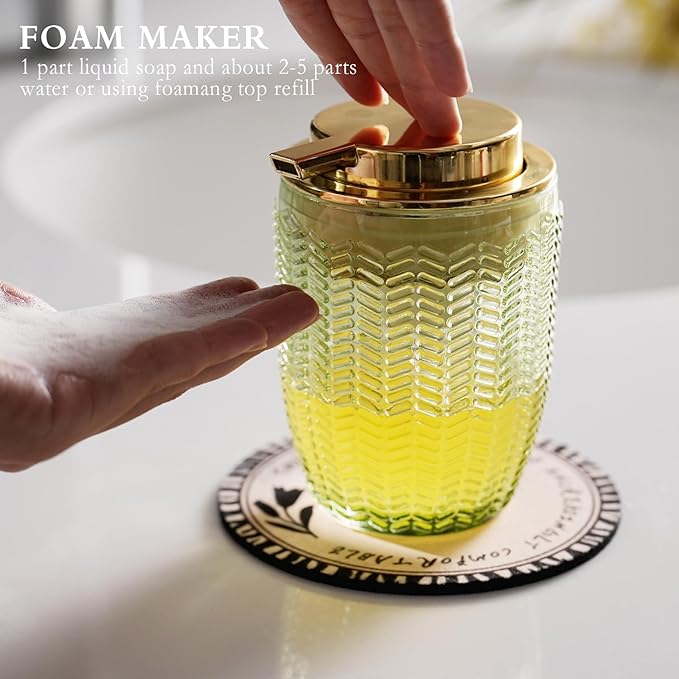 Foaming Hand Soap & Lotion Dispenser, Refillable Glass with Large Gold Pump(Barrel Pattern-Green)