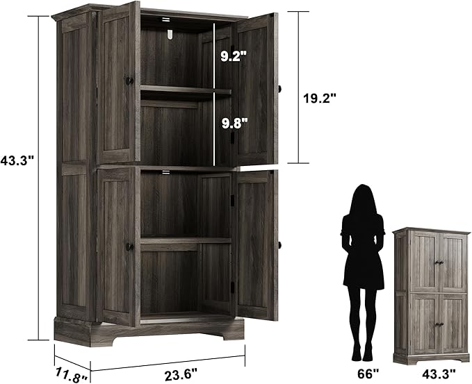 ChooChoo Bathroom Floor Cabinet, Farmhouse Bathroom Storage Cabinet with 4 Doors and Adjustable Shelves, Pantry Cabinet for Living Room, Kitchen, Retro Grey