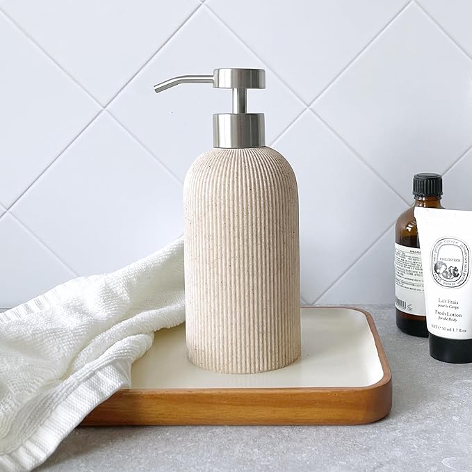 Lunestella Sand Beige Hand Soap Dispenser with Stainless Steel Pump, for Bathroom and Kitchen, Luxury Farmhouse, Boho & Zen Style, Sandstone Finish, Rust Proof, 7oz