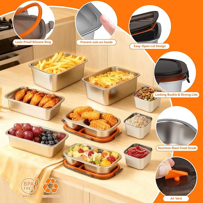 YUANYE 9 Pack 50/34/27/6oz Stainless Steel Food Storage Containers Sets, Leak-Proof Airtight Lunch Box with Lids, Small Snack Containers Oven/Dishwsher/Freezer Safe for Meal Prep, School, Work, Picnic