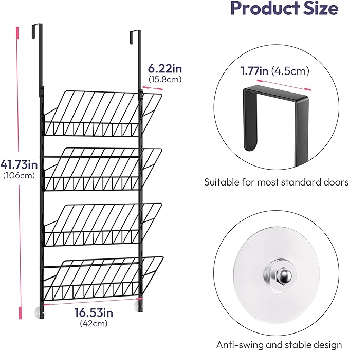 SWTYMIKI Over The Door Shoe Organizer - Adjustable 4 Tier Hanging Shoe Rack Organizer, Metal Heavy Duty Behind Door Storage or Wall Mount Shoes Shelf for Flats, Heels, Sneakers, Boots