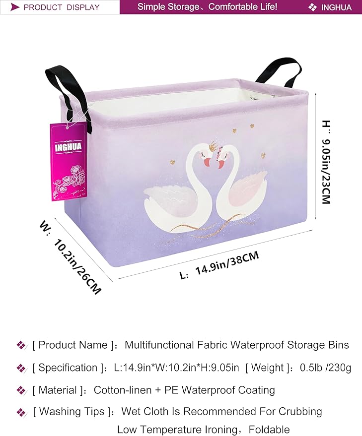 Rectangular Storage Basket Fabric Organizer Bin for Toys,Books,Clothes,Gifts,Pets-Perfect for Home,Office,Nursery,Dorm,Shelf(Rec-Love Swans )