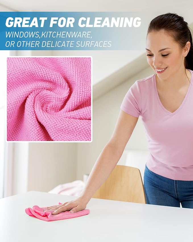 WEAWE Microfiber Cleaning Cloth-50Pcs (13x13 inch) Ultra Soft Highly Absorbent Rags, Reusable and Lint Free Cleaning Towels for Housekeeping-Machine Wash (HotPink)