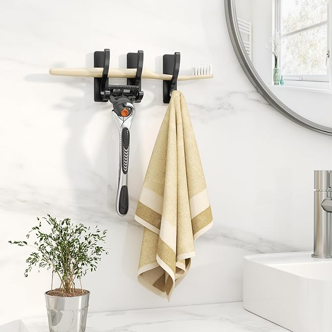pickpiff Adhesive Wall Hooks for Towels - Sticky Hook Hanging Heavy Duty (13lb), Hanger for Door, Bathroom, Dorm, Closet - for Coats, Purse, Bag, Robe - No Damage to Wall - Black 6 Pack