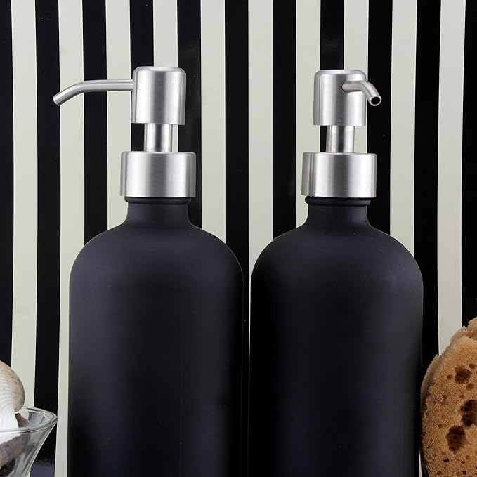 Cornucopia Brands 16oz Black Glass Bottles w/Stainless Steel Pumps (2-Pack); Black Coated Boston Round; Lotion, Hand Care & Soap Dispensers
