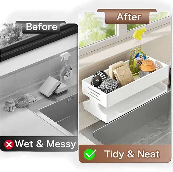 BREIS Sponge Holder for Kitchen Sink, Caddy Organizer with Rag Holder, Countertop Self-Draining Sponge Caddy, Rustproof Sink Storage Rack for Soap Dispenser Storage Accessories (Heavy Duty-White)