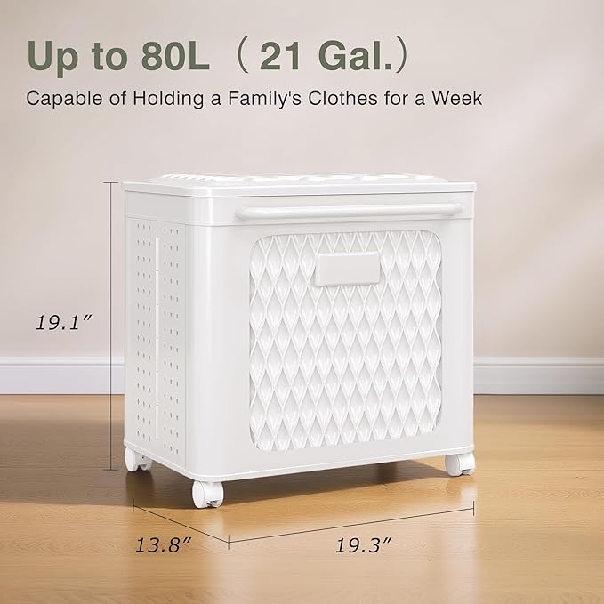 VECELO Rolling Laundry Hamper with Wheels and Lid, Foldable Plastic Laundry Basket with Handle, Rolling Divided Laundry Cart for Small Spaces, Laundry, Bathroom, Bedroom, White