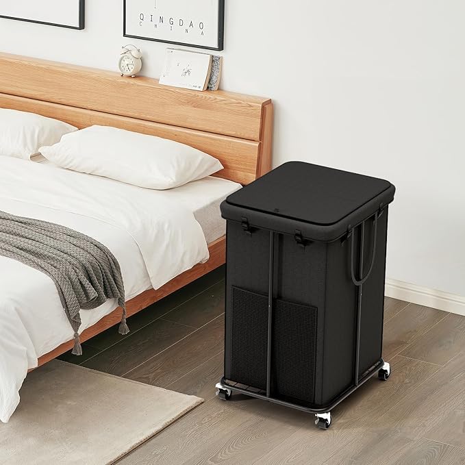160L Large Laundry Hampers with Lid, Oxford Fabric Laundry Hampers, Metal Frame and Removable Bag Design with Wheels, Suitable for Bedroom, Bathroom, Dorm Room, Laundry Room (Black Lid Rope)
