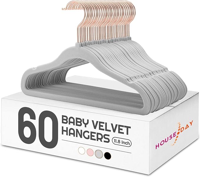 HOUSE DAY Velvet Baby Hangers for Closet, Kids Hangers Velvet 60 Pack, Non Slip Toddler Hanger 11.8 Inch, Durable Childrens Hanger for Newborn Baby Clothes- Gray