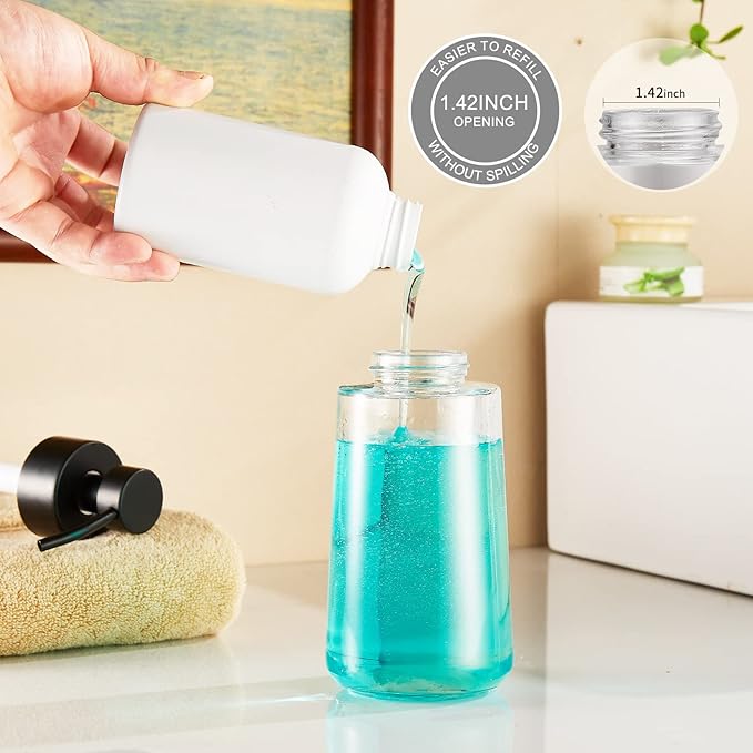 Doiliese Soap Dispenser, Clear Glass Soap Dispenser with Rust Proof Pump, 16oz Liquid Soap Pump with Waterproof Labels, Dish & Hand Soap for Bathroom, Kitchen, Matte Black, Pack of 2