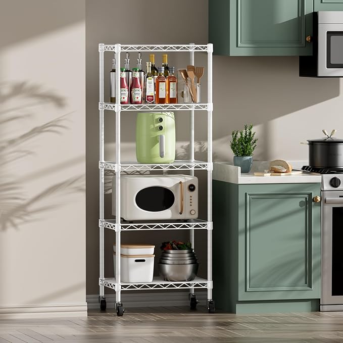 SINGAYE 6 Small Shelf Storage Wire Shelves Closet Bathroom Organizers Metal Pantry Kitchen Garage Shelving Unit Laundry Room Organization Home Narrow Rack Net Basket with Wheels White