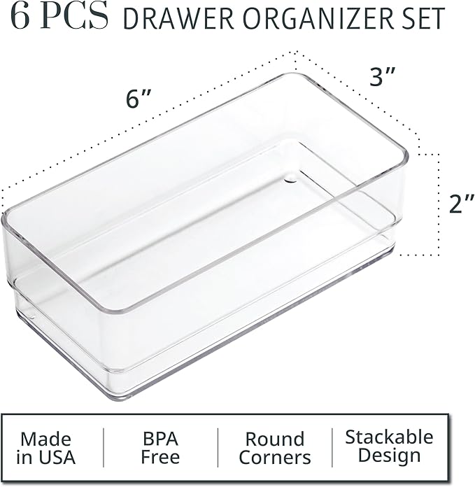 STORi SimpleSort 6-Piece Stackable Clear Drawer Organizer Set | 6" x 3" x 2" Rectangle Trays | Small Makeup Vanity Storage Bins and Office Desk Drawer Dividers | Made in USA