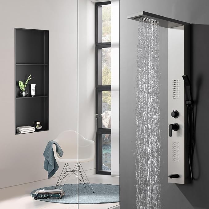 BATHFINESSE Shower Niche 8" X 36" Black, 3 Shelves Wall Niche Stainless Steel Recessed Shower Shelf for Bathroom Storage, No Tile Needed Over Mount Installation